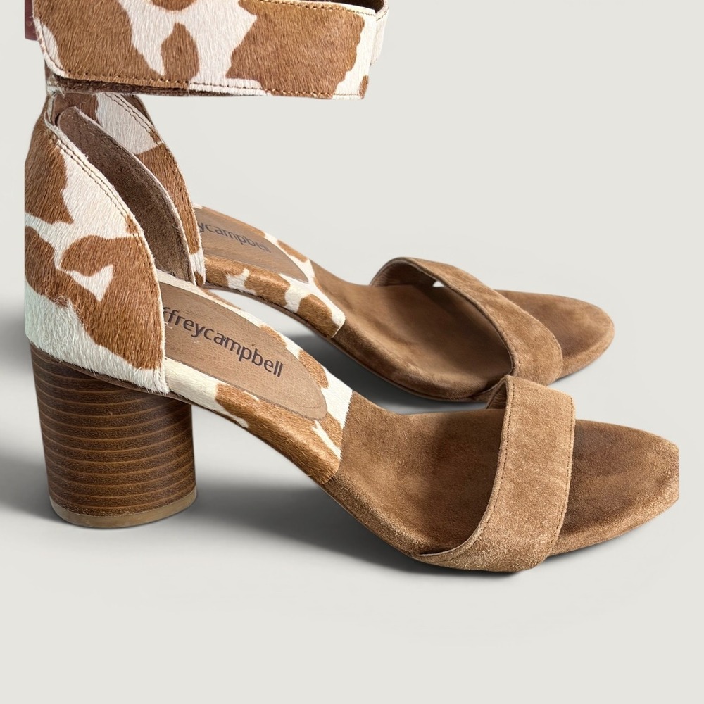 Jeffrey Campbell Purdy Cow Print Tan Suede Ankle Strap Block Heel Sandals 6.5